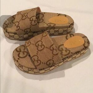 Gucci Tan Monogram Slide Sandals
